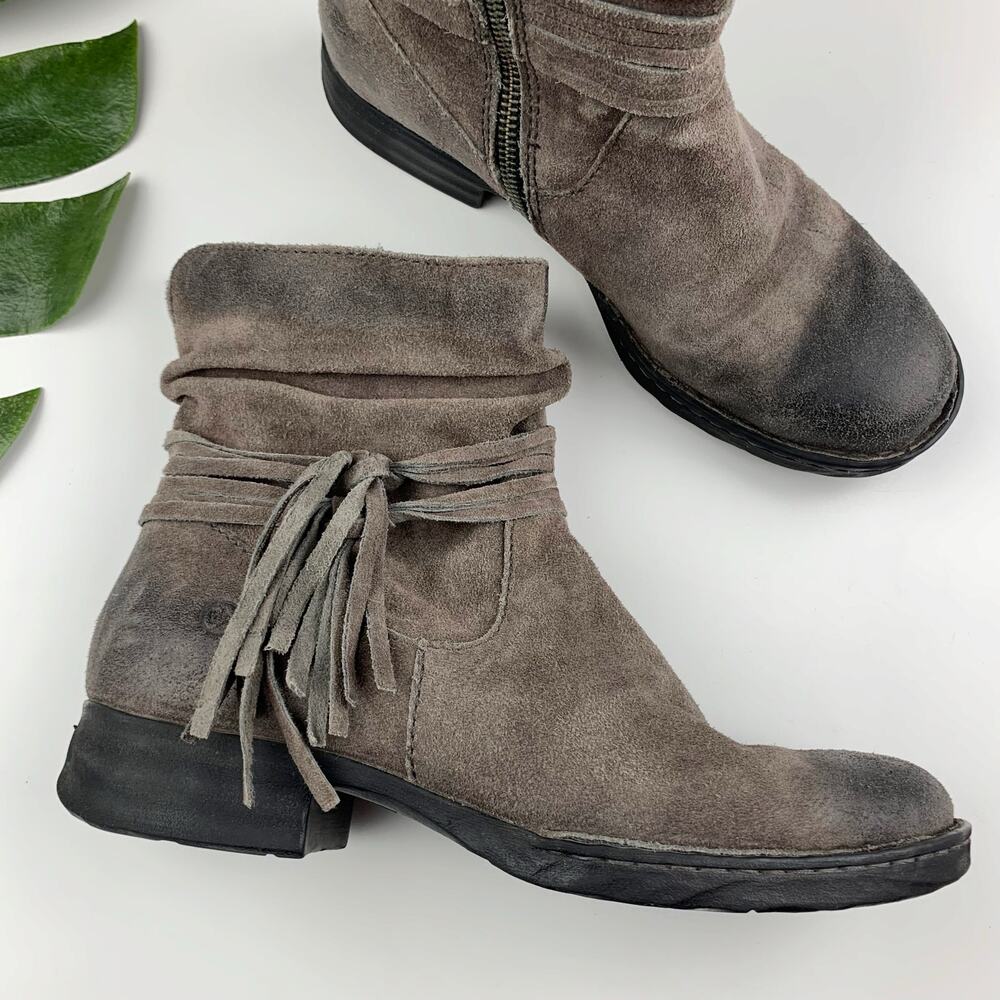 Born Taupe Suede Ankle Boots with Fringe Tie